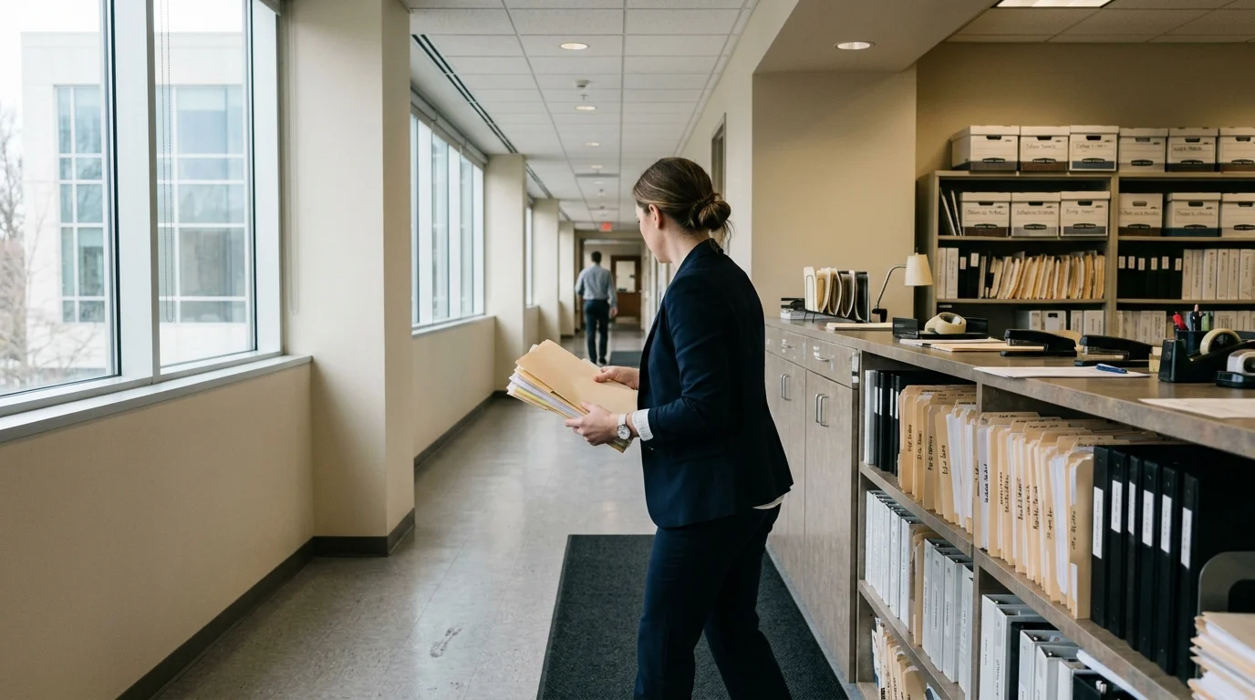 Government office corridor with a filing scene and document folders on a counter
