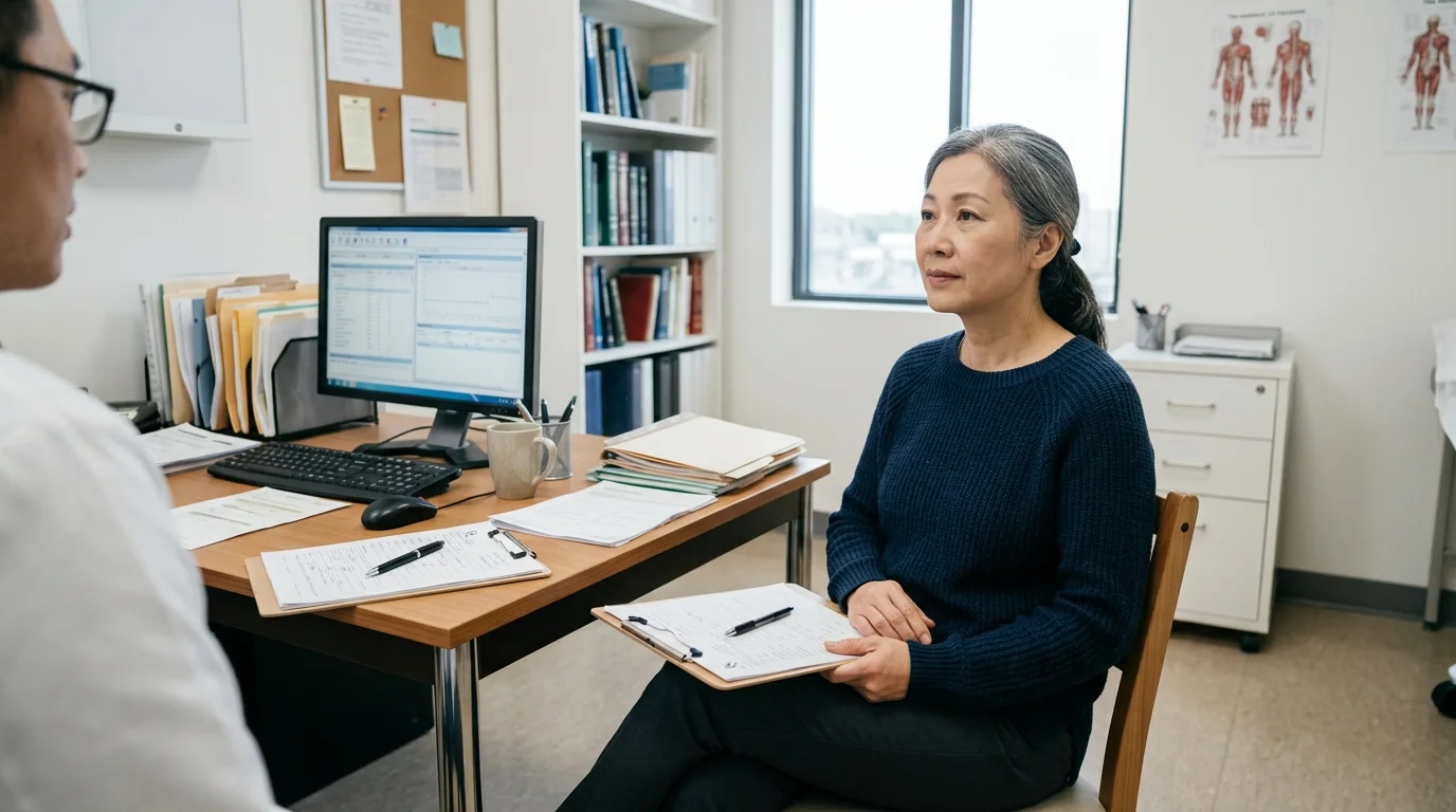Consultation room with paperwork on a desk