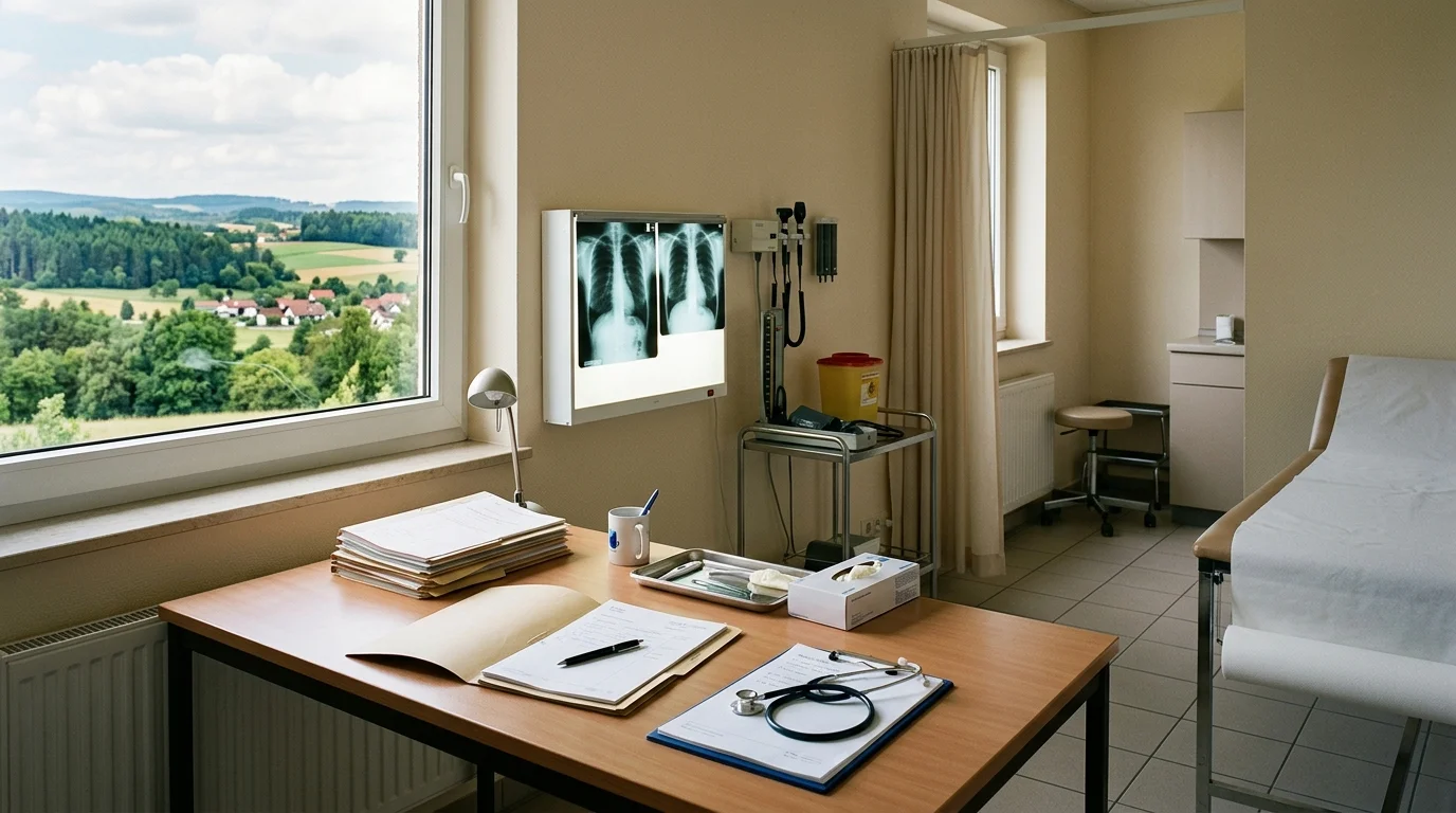 Medical documents on a desk in an examination room