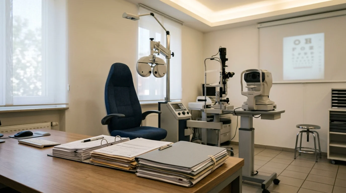 Medical documents in an eye examination room with vision testing equipment