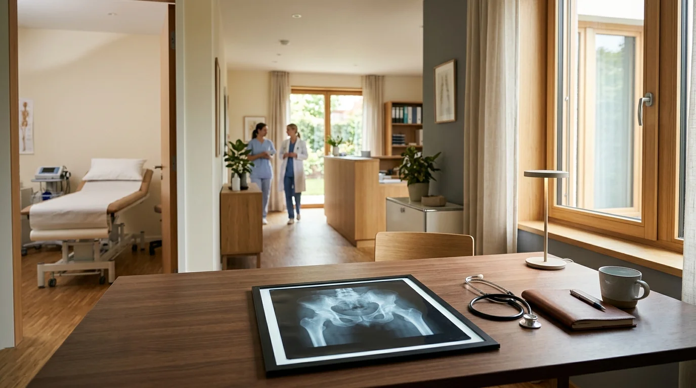 Landscape conceptual illustration of a medical examination setting with an orthopedic x-ray film and a calm clinic environment, wide composition, natural daylight, clean neutral colors, realistic style