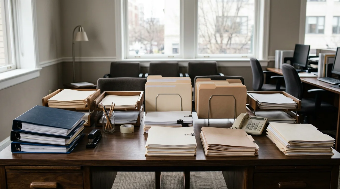 Office desk with official papers and folders in a calm administrative setting
